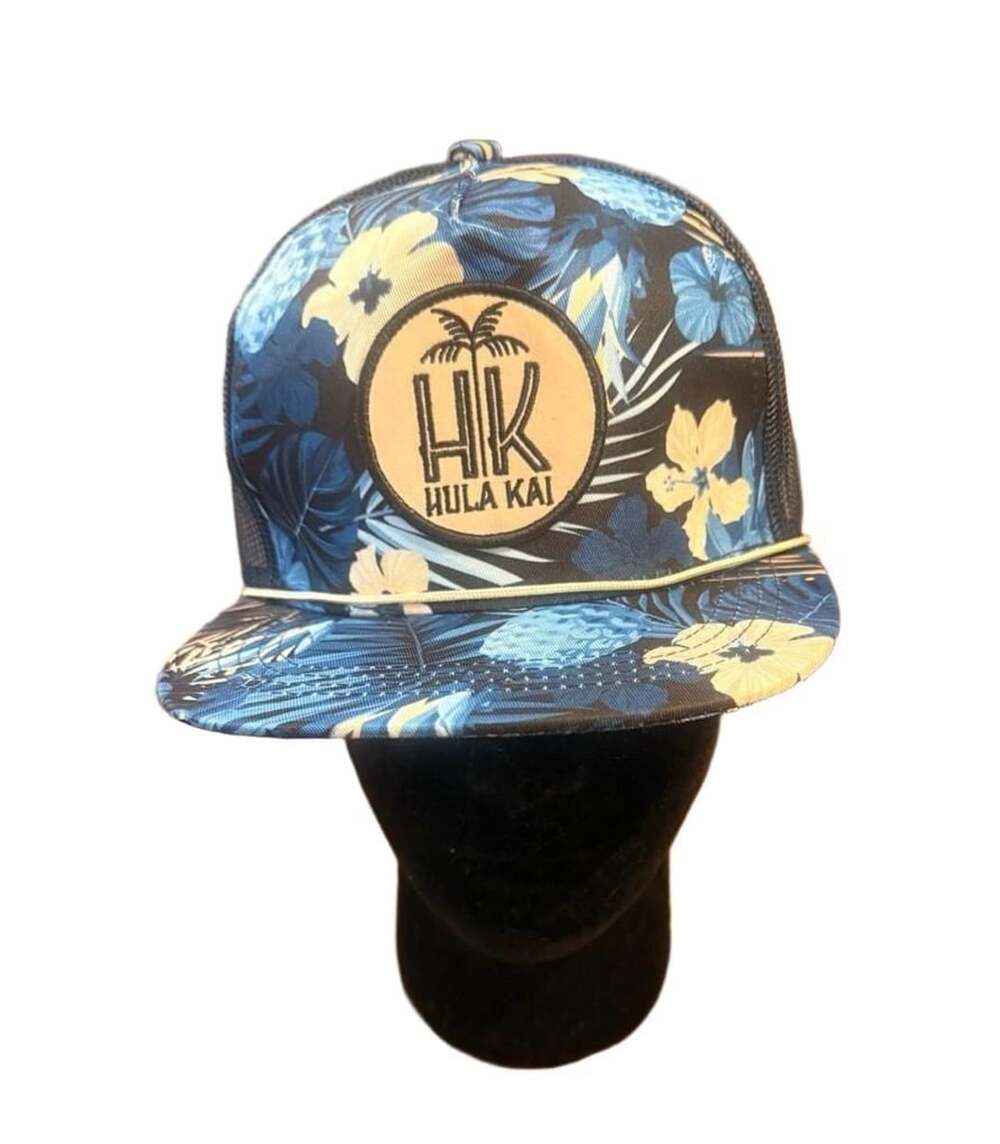 Hula Kai Tropical Floral Print Mesh Trucker Snapback Hat Blue